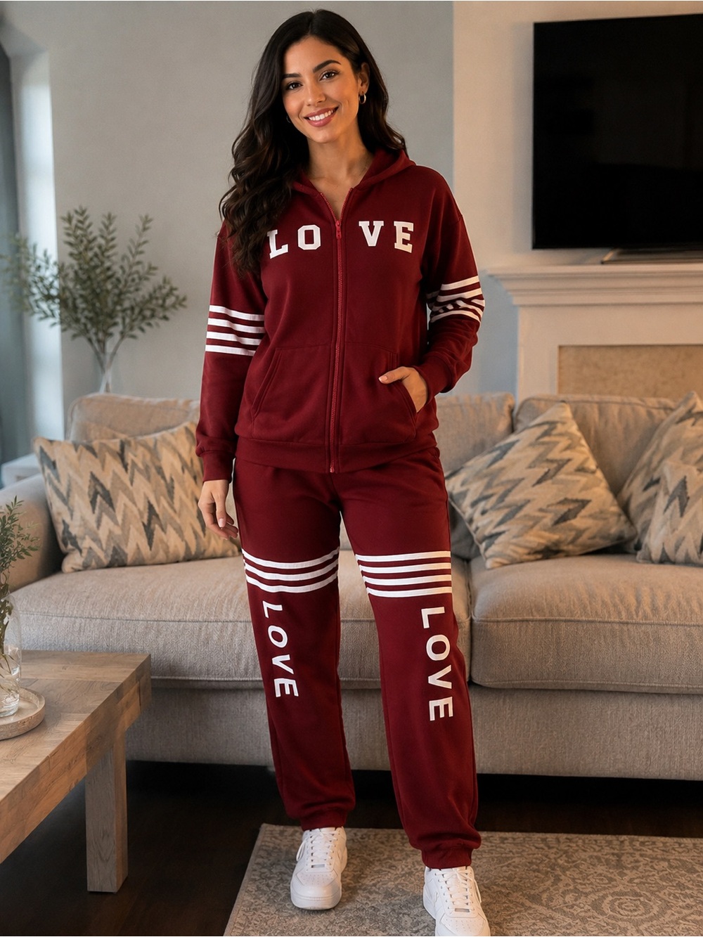LOVE Women's Burgundy Track Jogger Set - Zip Hoodie & Pants